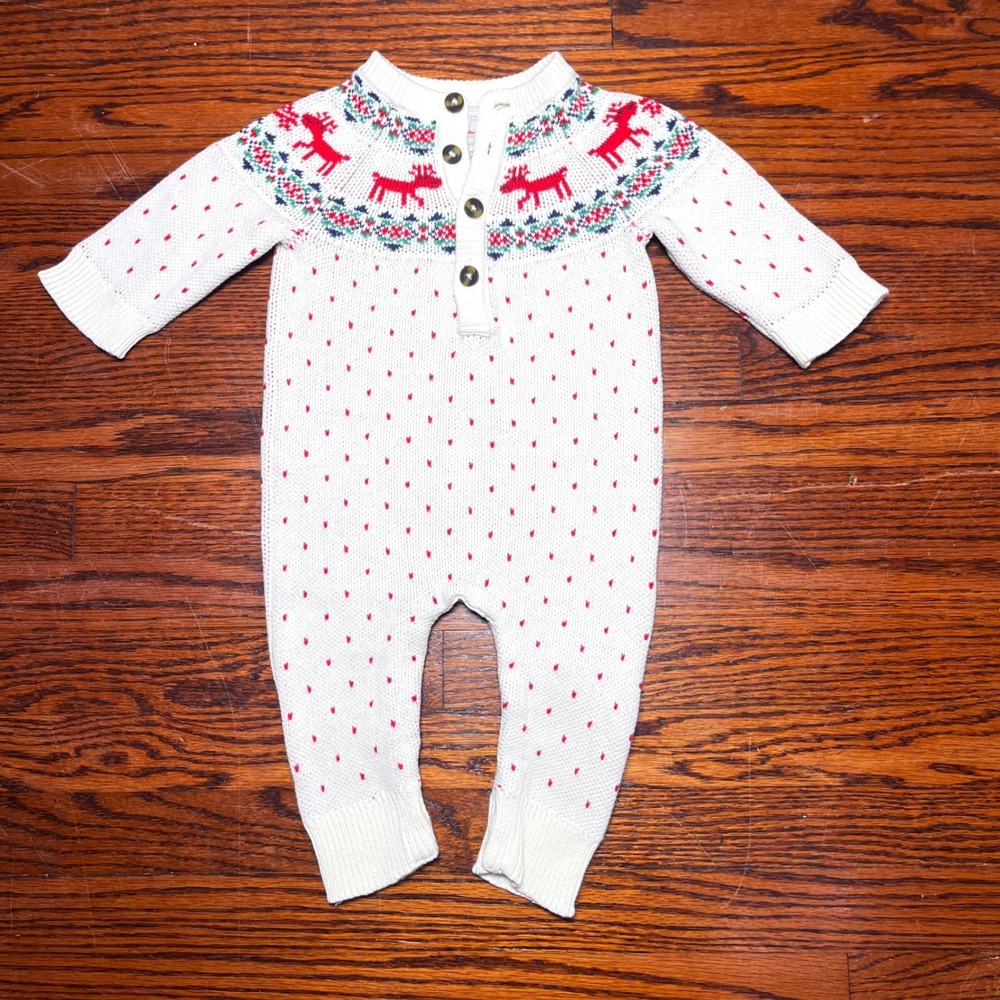 Hanna Andersson Reindeer Fair Isle Knit Romper 3-6 Months Cream Red Cotton Snaps